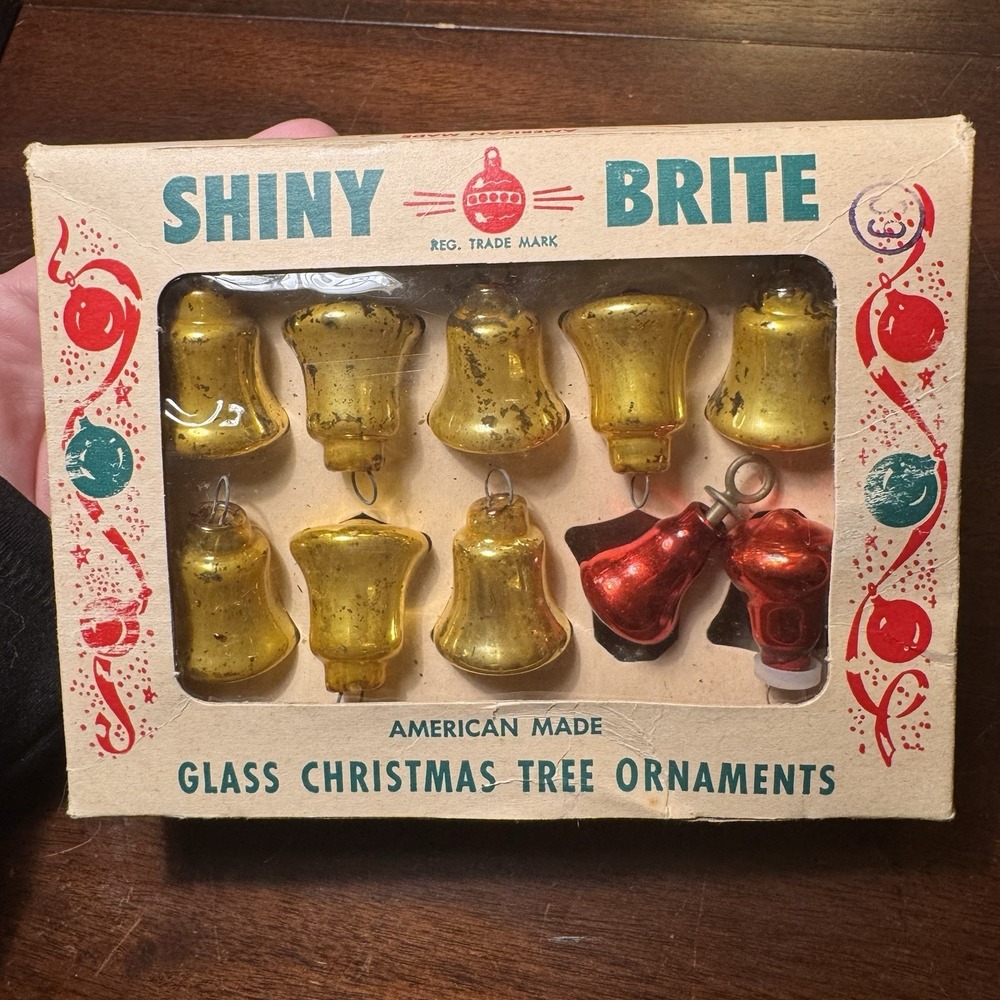 Vintage Shiny Brite Glass Tree Ornaments Bells ~ 8 Gold, 2 Red ~ 2 Wire Hangers